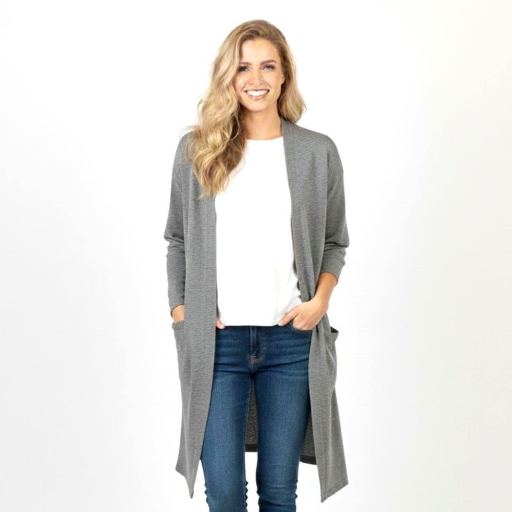 Pure Jill Womens "Medium‎ Tall" Grey Long Sleeve Cardigan Duster Long Open Front
